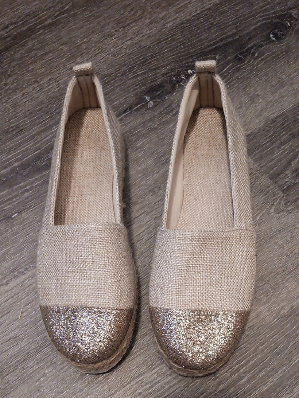 SHEIN Tan Espadrille Slip-On Flats with Gold Glitter Toe